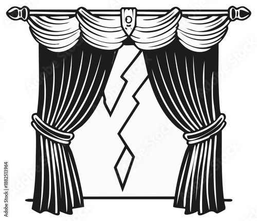 Elegant Heavy Drape Curtains Reveal Dramatic Lightning Strike Illustration