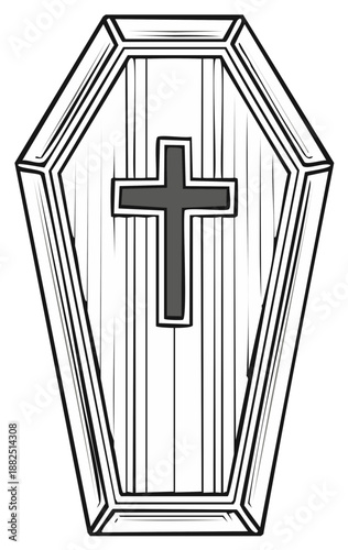 Wooden Coffin With Christian Cross Symbol Top View Sketch