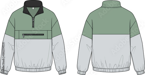 Windbreaker pullover jacket front and back technical fashion sketch, half zip anorak with zipper pocket, color block outerwear illustration
