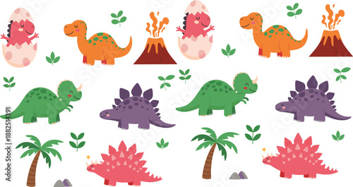 Cute cartoon dinosaur and volcano clipart set with baby dino, palm trees and prehistoric elements for kids illustration and education design