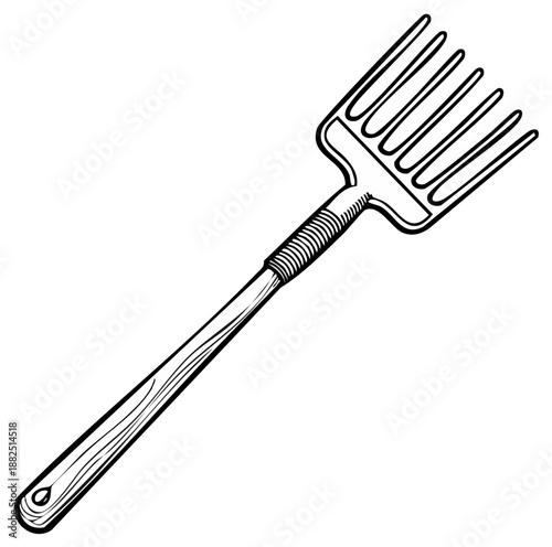 Engraved Agricultural Hand Tool Pitchfork Illustration: Black and White Line Art