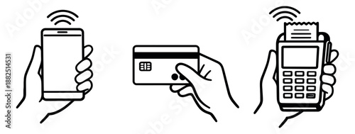 Line art payment icons set featuring hands making contactless transactions with a smartphone, credit card, and POS terminal for modern commerce