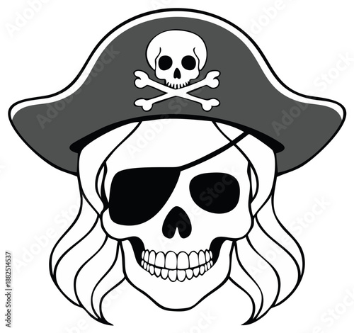 Cartoon Pirate Skull Illustration with Eye Patch and Jolly Roger Hat Design