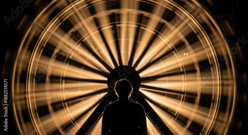 Silhouette of an individual standing before a brightly illuminated, rapidly spinning observation wheel