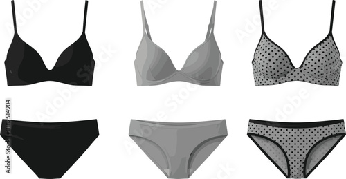 Women’s lingerie set illustration featuring bras and panties in solid and polka dot designs, stylish intimate apparel vector collection for fashion projects