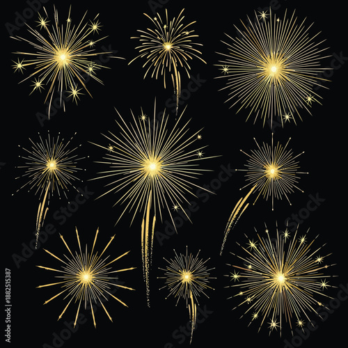 Colorful fireworks lighting up the night sky on a black background for New Year celebration