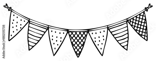 Hand drawn bunting flags with polka dots stripes and grid patterns strung together