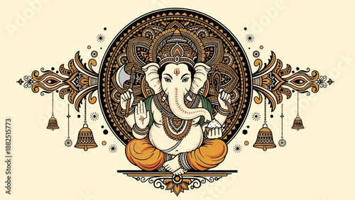 Exquisite detailed illustration of seated elephant headed popular deity surrounded by intricate mandala and hanging bells in warm earth tones
