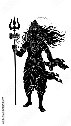 Striking black and white silhouette depiction of powerful Hindu supreme being standing tall holding trident with flowing hair and divine ornaments