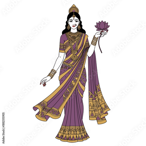 Elegant illustration of lakshmi goddess holding purple lotus flower adorned with elaborate jewelry and rich traditional indian purple saree