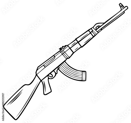 Stylized Assault Rifle Illustration, Black and White Outline Drawing, Side View, Firearm Isolated