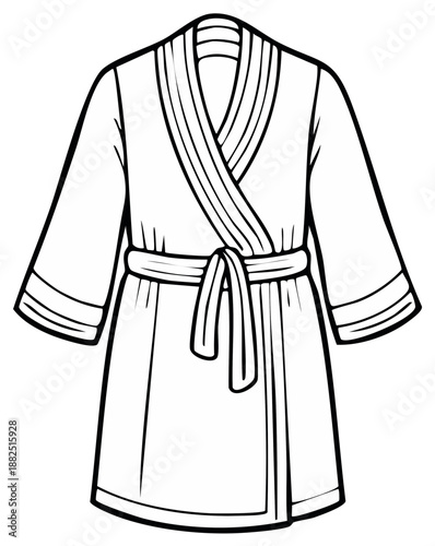 Black and white drawing of a robe with belt and lines detailing the edges and collar of the garment
