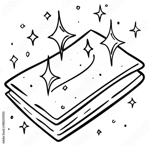 Hand drawn illustration of a sparkling clean cloth surrounded by stars