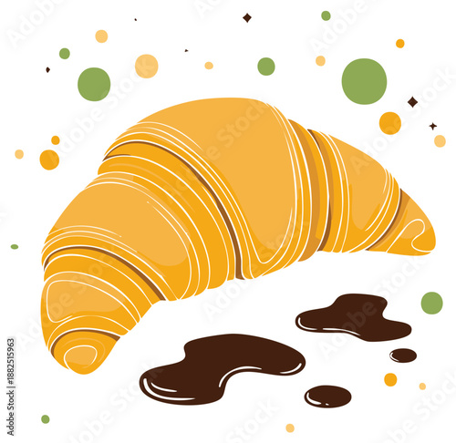 Illustrated croissant with coffee spills and decorative bubbles