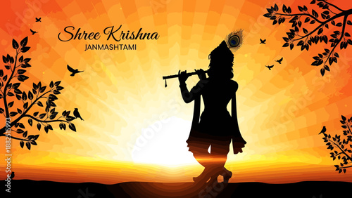 Silhouette of lord krishna playing bansuri flute against vibrant orange sunset backdrop celebrating sacred janmashtami spiritual commemoration moment