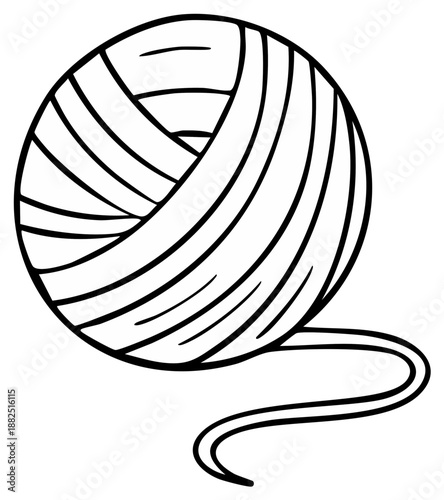 Black and white hand drawn illustration of yarn ball with thread