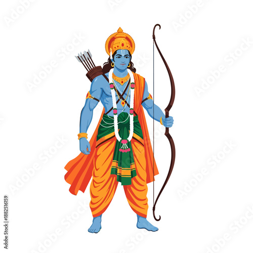 Illustrations depict rama avatar of vishnu holding bow and arrows ready for battle symbolizing virtue righteousness and dharma in indian mythology