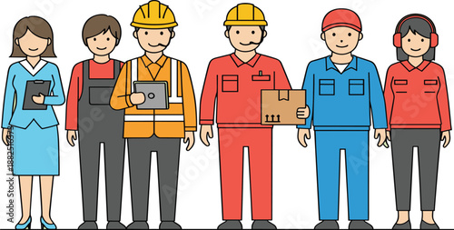 Diverse worker character set with engineer, technician, office staff and laborer for business, construction, industry, teamwork and professional illustration