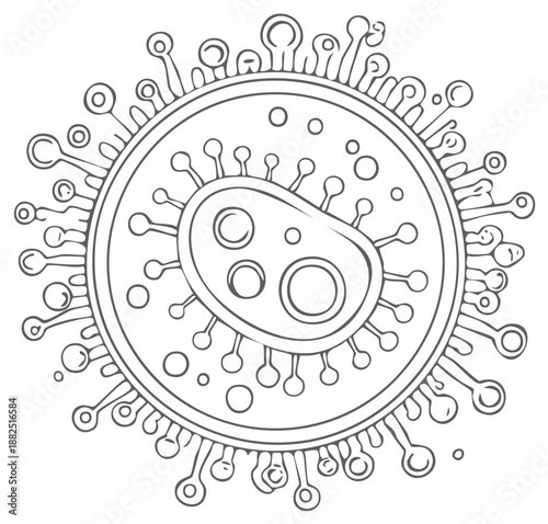 Monochrome illustration of stylized virus cell showing surface spikes and internal organelles