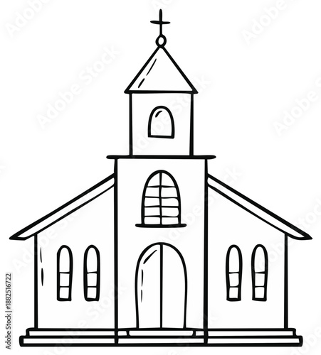 Hand drawn cartoon style church building line art with steeple and cross illustration