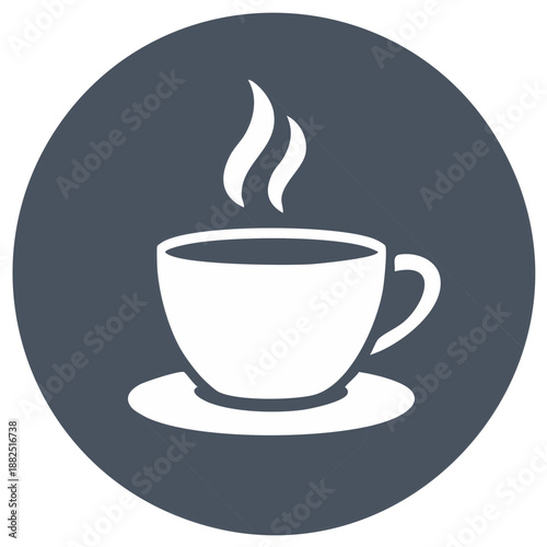 Simple coffee cup icon with steam and saucer in a flat design style. Hot beverage symbol for a cafe or menu.