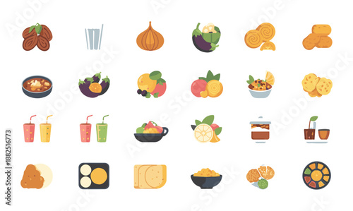 Middle eastern food and dishes for iftar suhoor color icon collection