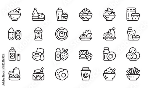 Outline style breakfast food icons representing different morning nutrition and ingredients