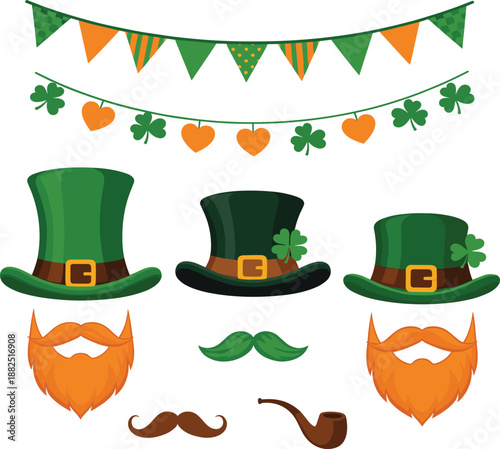 Flat St. Patrick’s Day clipart set with leprechaun hats, beards, mustaches and festive banners for Irish holiday decoration and party design