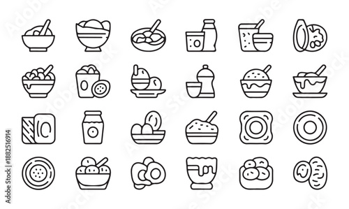 Minimalist line icons for breakfast components like bowls drinks and fresh fruit servings