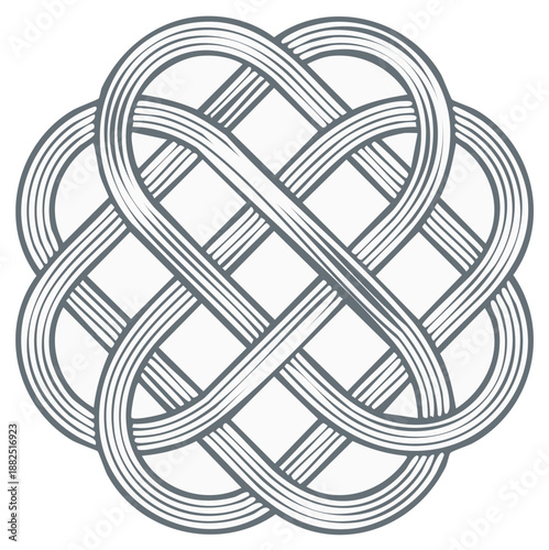 Interwoven Abstract Knot Symbol in Gray Tones Creates a Celtic or Infinity Motif Ornament, Minimalist Design on a White Background