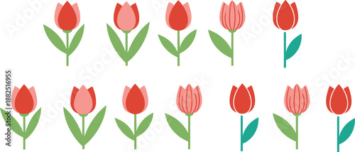 Flat tulip flower icon set in modern colorful styles for spring illustration, floral design, branding, wallpaper, fabric print and decoration