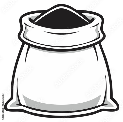 Open burlap sack overflowing with dark granular material in a stylized illustration