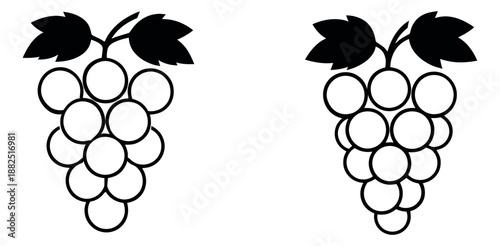 Simple line art grape icon set featuring grape clusters with leaves for various design purposes