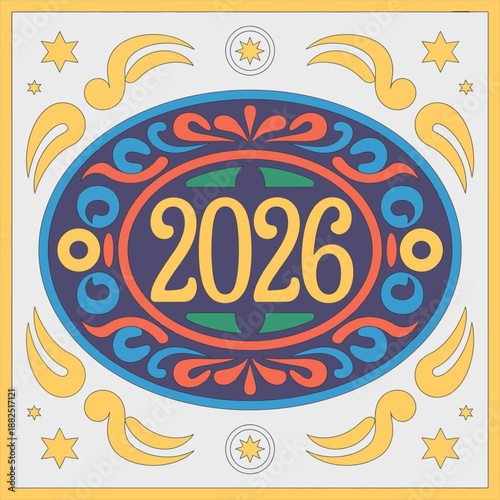 2026 Cowboy Western Style New Year Oval Belt Buckle, vintage rodeo design vector illustration for celebration, western fashion, holiday branding.