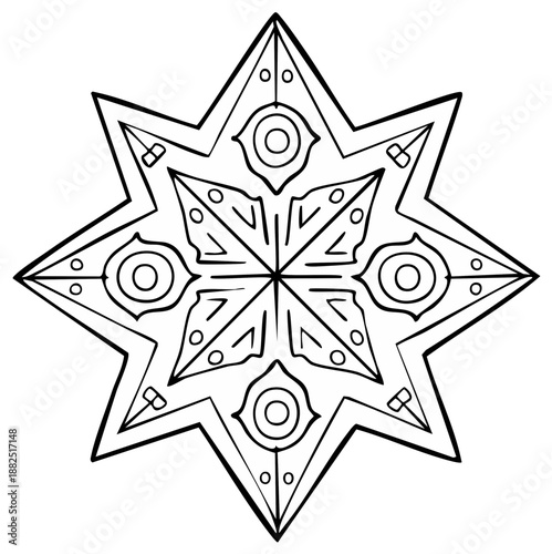 Intricate geometric starburst pattern with symmetrical mandala design and decorative circular elements
