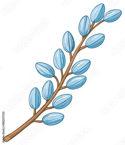 Cartoon Spring Branch with Blue Leaves Buds - Pussy Willow Floral Design Element