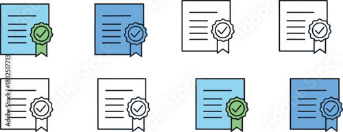 Minimal document certification and approval icon set with checkmark badge for business, legal paperwork, verification and user interface design
