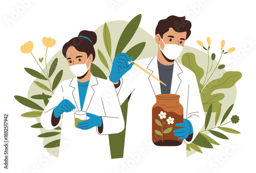 young researchers conducting homeopathic product formulation and botanical extract standardization in scientific laboratory focused on natural medicine development.