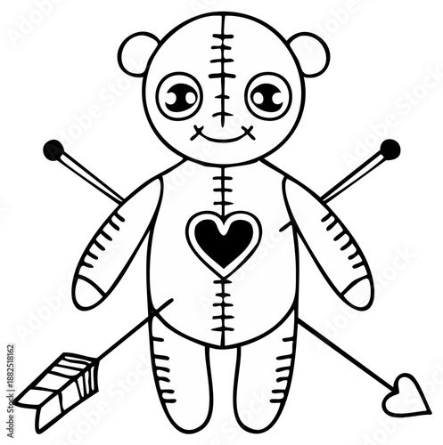 Whimsical teddy bear voodoo doll with heart targeted by arrows for love spell drawing art