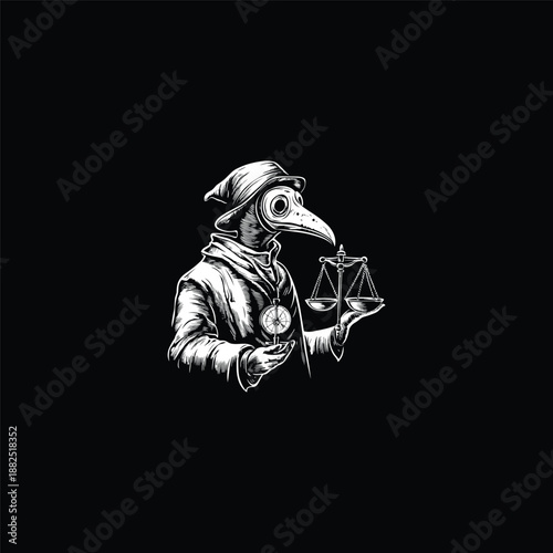 Vintage hand-drawn illustration of a plague doctor in a hooded robe holding a balance scale