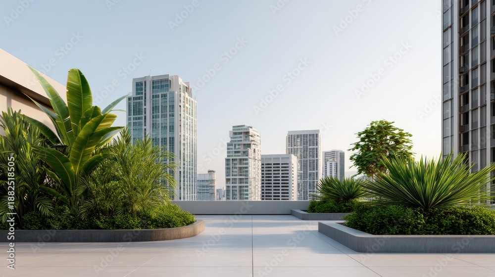 Fototapeta premium Modern terrace with tropical plants overlooking city skyline, contemporary architecture, urban lifestyle, clear blue sky and sunlight reflecting on buildings