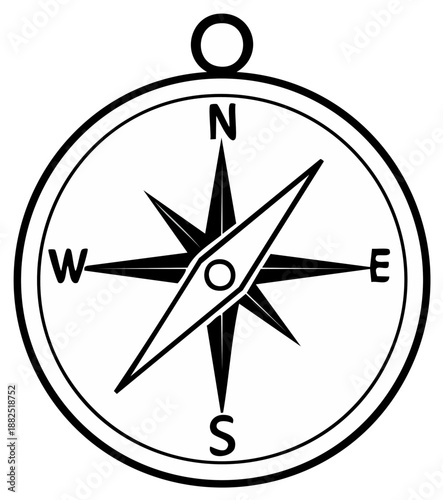 Classic navigational compass rose pointing north south east west, circular metal casing, detailed illustration