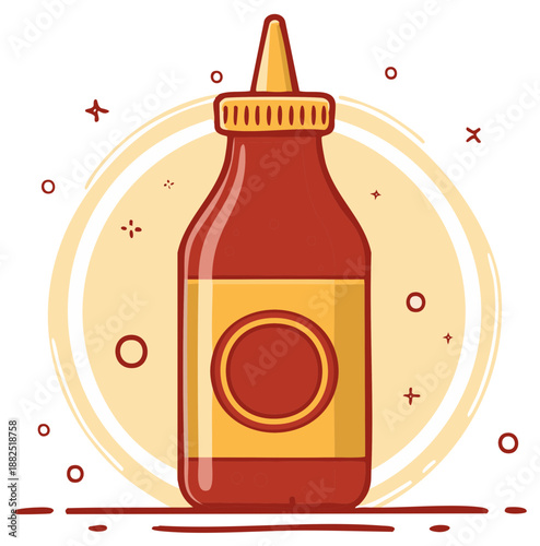 Cartoon style illustration of a ketchup bottle with label in red and yellow colors