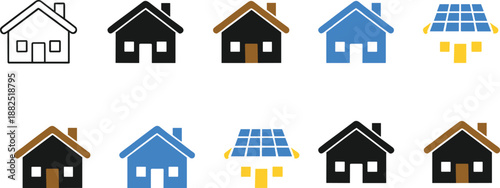 Modern house and solar roof icon set for real estate, smart home, renewable energy, eco building and user interface design