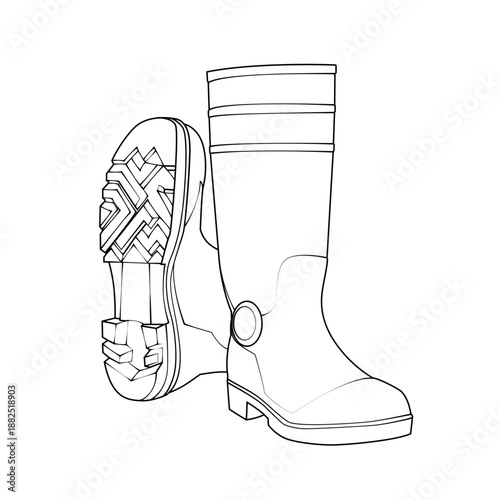 Set of tall waterproof rubber boots outlines. Angled side view and bottom sole tread pattern. Vector line art of classic wellington footwear for rain and gardening isolated on white background.