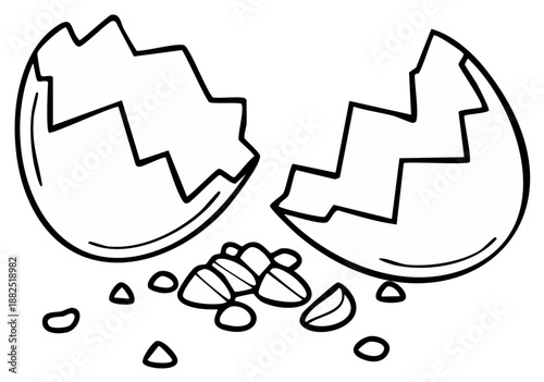 Simple black and white line art of a broken and cracked eggshell after hatching
