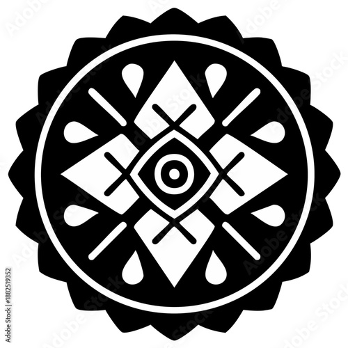 Stylized Eye Symbol Tribal Geometric Pattern Circular Ornament Black and White
