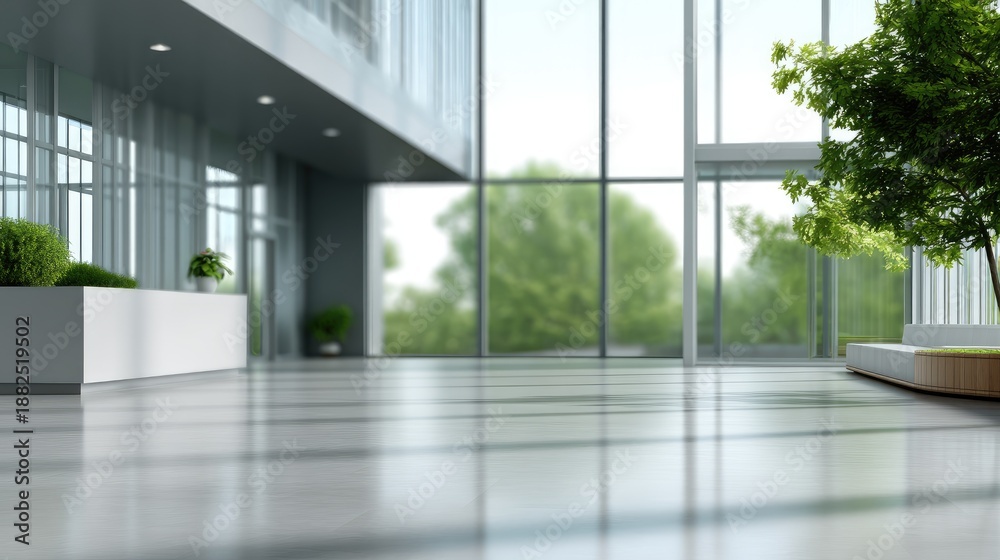 Fototapeta premium Modern interior of a spacious lobby showcasing large windows, natural light, minimalist design, and vibrant greenery in an urban building environment.