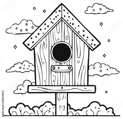 Whimsical Wooden Birdhouse with Cute Clouds and Starry Sky Illustration