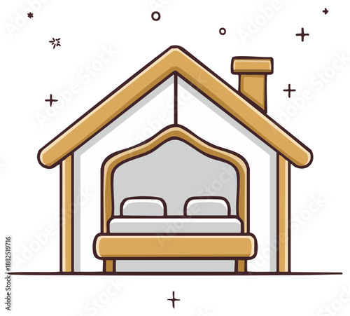 Cozy bedroom setup within a charming house outline, symbolizing comfortable home living, lodging, and real estate services in a simple doodle style.